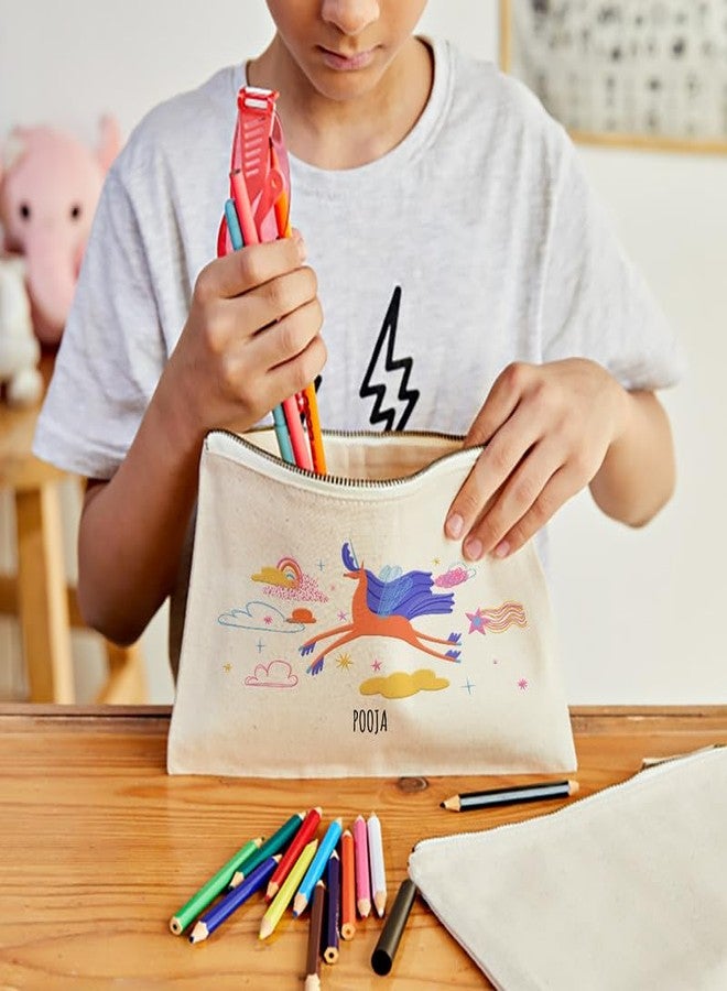 Zooboo Catch All Pouch Personalized with Kid's Names, 100% Cotton with Zipper, Pencil Pouch for Boys and Girls, School Supply Stationery Box Organizer for Students Magical Unicorn - Image 2